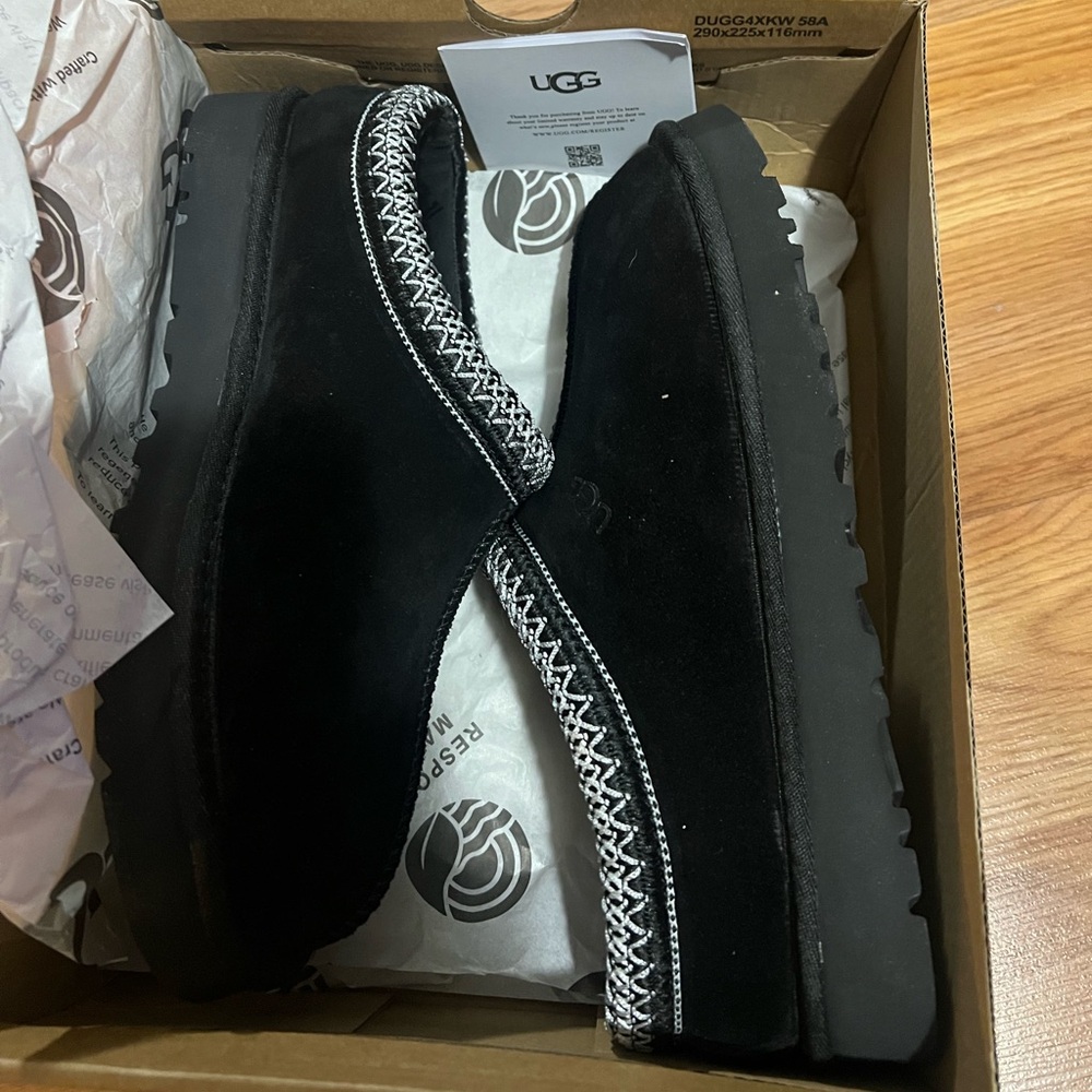 UGG Black Suede Slip-Ons with White Stitching